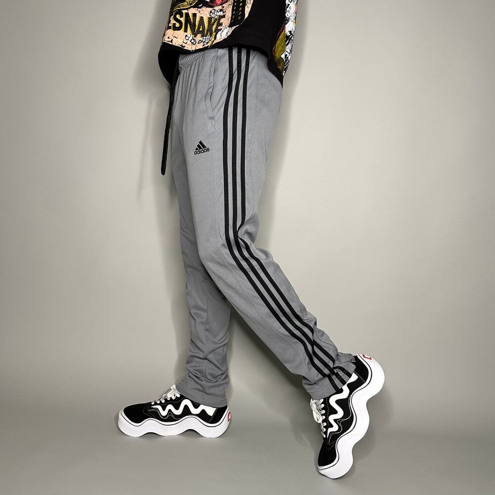 Vintage Y2K Adidas Sweatpants Mens M Light Grey Polyester Black 3 Stripes